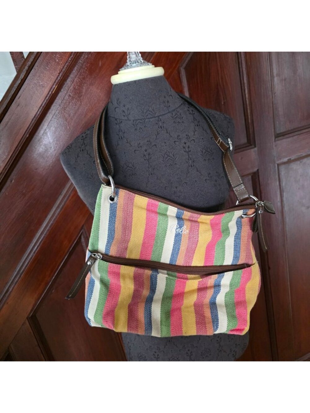RELIC Colorful Striped Canvas Shoulder Bag With Faux Leather Straps